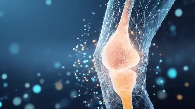   The intricacies of the human knee joint are illuminated with a striking, close-up visualization that demonstrates its complexity. The artistic approach provides an impressive look at the human body.