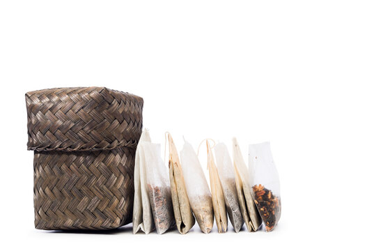 Filter tea bags variety isolated on white background.