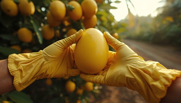 Hands Wearing Garden Gloves picking Egg Fruit (Canistel)