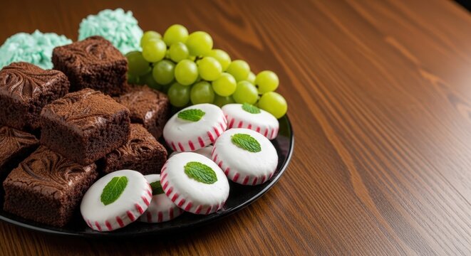 Plate of chocolate brownie squares and white glazed peppermint patties with green grapes