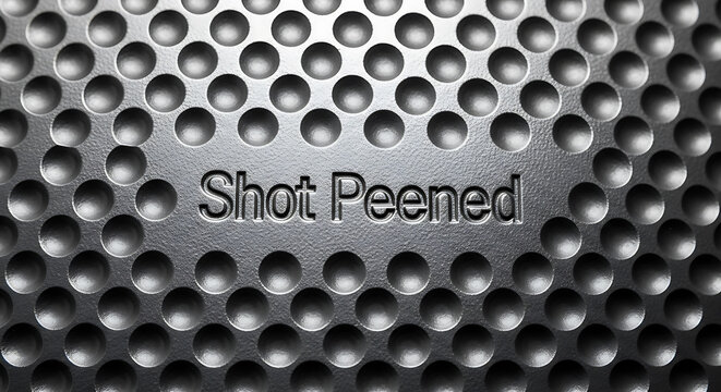 Closeup of shot peened metal surface with dimpled texture and rounded indentations  industrial metal finishing process