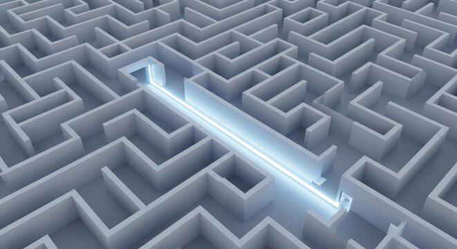 Illuminated Path Through Complex Geometric Maze Structure.