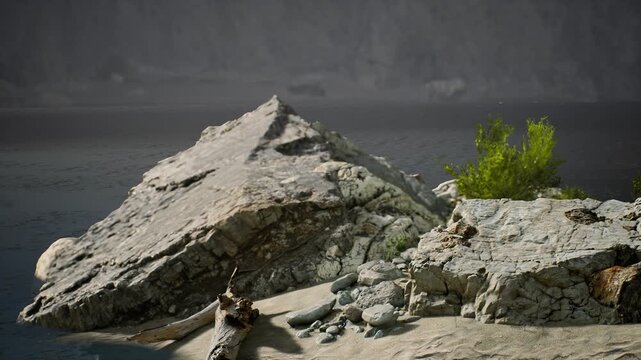 A rocky shoreline features large stones and a small patch of green vegetation. The calm water reflects the natural beauty of the area, creating a peaceful atmosphere.
