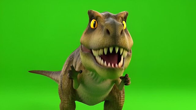 Cute cartoon Tyrannosaurus Rex dinosaur roaring with sharp teeth and wide eyes on a green screen background