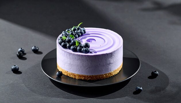 A firefly-inspired blueberry cream cake sits on a plate with swirly violet frosting.