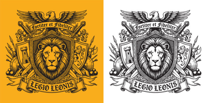 Medieval Lion Crest Emblem with Legio Leonis Banner and Eagle