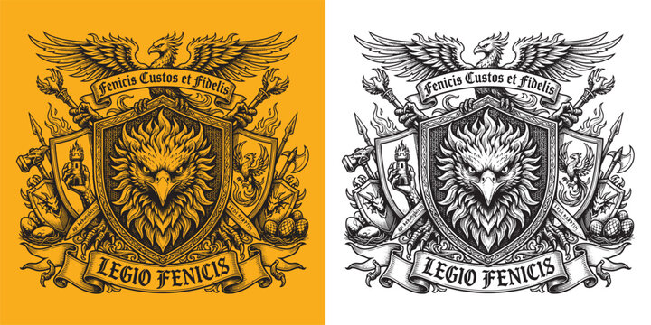 Phoenix Bird Crest Emblem with Legio Fenicis Motto and Fire
