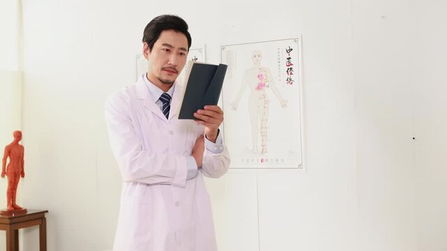 Portrait of a famous traditional medicine doctor shop owner wearing a lab coat reading information from an ancient book, delving into a medical documents, symbolizing continuous learning development