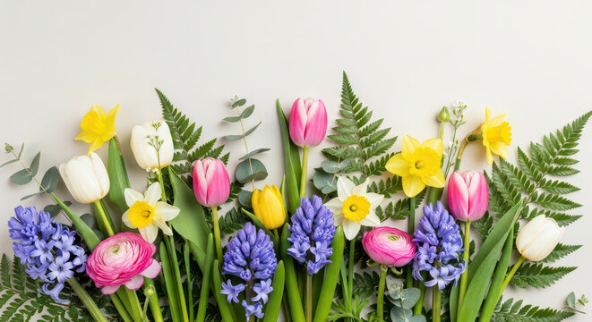 A beautiful and colorful border arrangement of various spring flowers including tulips, daffodils, hyacinths, and ranunculus with green foliage on a light background.