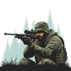Fototapeta premium Camouflaged Soldier Aiming a Sniper Rifle in a Forest Environment, Ready for Tactical Engagement