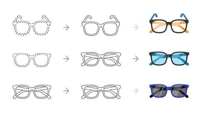 Drawing guide for three different styles of eyeglasses including sunglasses and reading frames for a creative tutorial.