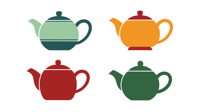 Set of four classic teapots in various color schemes including green, orange, and red for kitchen and tea time themes.
