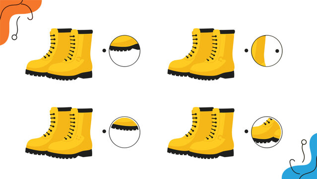 Visual perception task for kids featuring yellow work boots and magnified details for a matching and identification game.