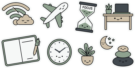Fototapeta premium Digital Minimalist and Focus Productivity Kawaii Sticker Set 