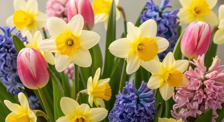 Obraz premium A vibrant and colorful spring bouquet featuring yellow daffodils, pink tulips, and blue and pink hyacinths in full bloom.