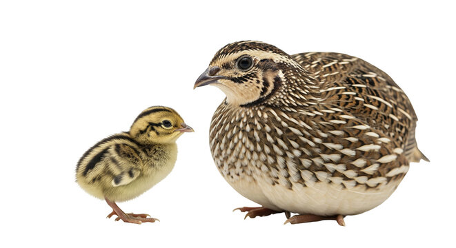 Round Japanese Quail and tiny chick stand together on white background in natural setting
