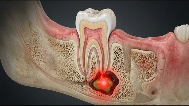 Detailed 3D animation of a dental abscess at the tooth root in the jawbone showing infection and inflammation
