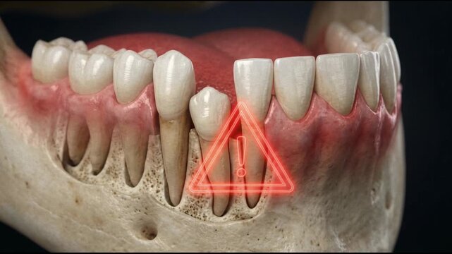 Detailed 3D animation illustrating a human jaw with a missing tooth and inflamed gums, highlighting a critical dental issue.