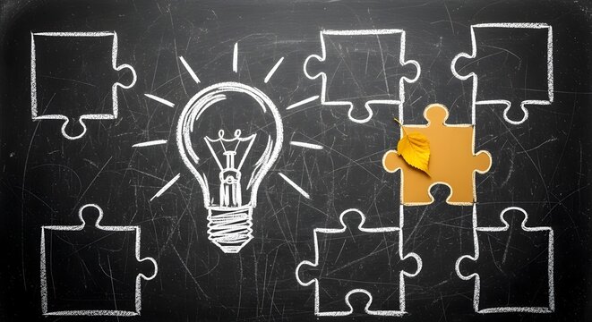 Glowing lightbulb perfectly surrounded by puzzle pieces on dark chalkboard, symbolizing brilliant educational ideas and complex problem solving