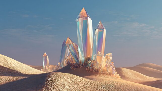 Dreamy fantasy crystal towers rise from desert sand dunes under blue sky with warm sunlight casting colorful shadows