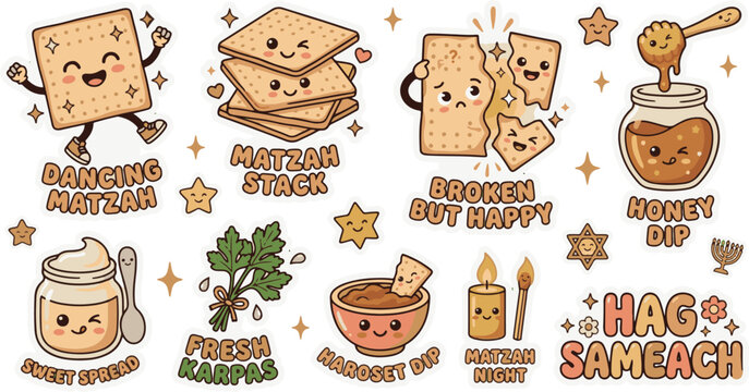 Cute Dancing Matzah and Seder Elements Passover Sticker Collection
