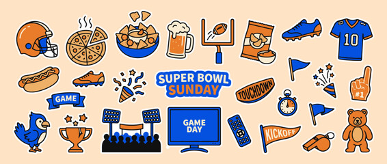 Super Bowl Sunday Icon Collection: A vibrant assortment of icons capturing the spirit of Super Bowl Sunday, featuring football equipment, stadium snacks, and game day elements. © Saiid-Designs