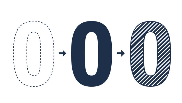 Number zero displayed in three distinct graphic styles including a dashed tracing outline solid fill and diagonal striped pattern on a white background.