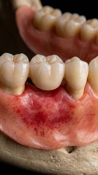 Detailed close-up of a dental bridge on a jaw model illustrating advanced dentistry and oral health concepts