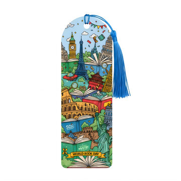Decorative bookmark celebrating World Book Day with iconic landmarks and open books, perfect for avid readers and travel enthusiasts