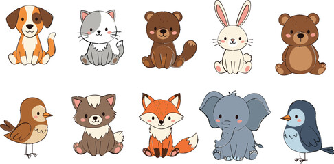 Fototapeta premium Cute Forest Animals Cartoon Character Set Featuring Dog Cat Bear Rabbit Fox Elephant and Birds Adorable Wildlife Kids Style Vector Illustration Collection