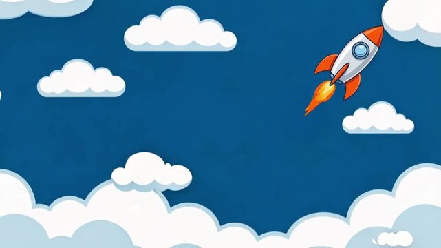 video of retro-futuristic cartoon rocket ascending through bright blue sky. Perfect for space themes, Cosmonautics Day, and children&rsquo;s illustrations