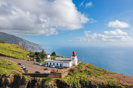 Aerial view of Ponta do Pargo lighthouse on Madeira cliff coastline