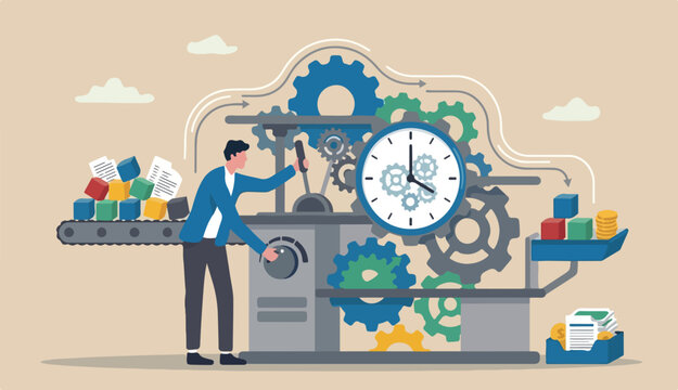 Efficiency or productivity, manage resources time optimize best work result, increase performance with effective process, businessman combine big desk clock timer or gear cogwheel for best efficiency