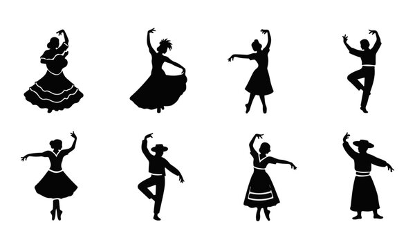 Collection of traditional Spanish folk dancers black vector silhouettes