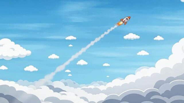 video of retro-futuristic cartoon rocket ascending through bright blue sky. Perfect for space themes, Cosmonautics Day, and children&rsquo;s illustrations