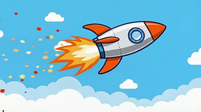 video of retro-futuristic cartoon rocket ascending through bright blue sky. Perfect for space themes, Cosmonautics Day, and children&rsquo;s illustrations