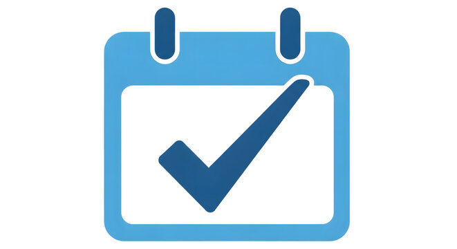 A blue calendar icon featuring a prominent check mark symbol representing a scheduled completion