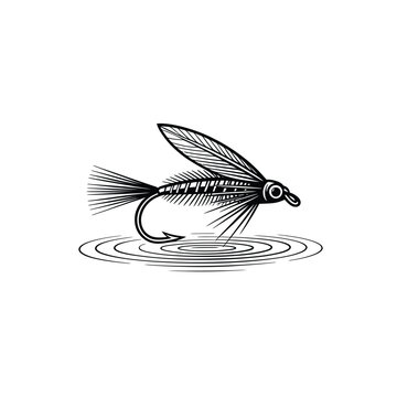 A detailed black and white illustration of a fishing fly on water