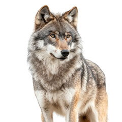 Fototapeta premium Wolf stands upright with alert posture in front of a plain white background during daylight hours in a natural setting