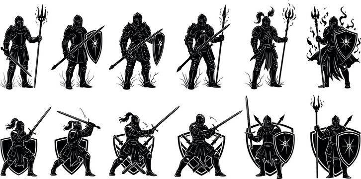 Medieval knight silhouettes with sword shield and spear warrior poses dark fantasy battle characters vector illustration set