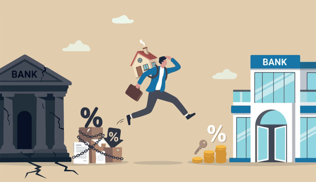Refinance change mortgage agreement bank, replace debt into obligation better interest rate, housing loan real estate investment concept, businessman house jump new bank