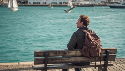 Fototapeta premium Sitting man wearing knit sweater scarf on pier bench, viewing sailboats, backpack, copy space