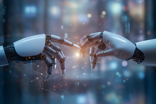 Hands of robot touch on IoT network and connected devices, smart automation, real-time monitoring, predictive analytics, cloud computing, data integration, intelligent systems for modern industries