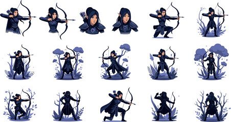 Fantasy elf archer character poses collection with bow aiming shooting actions forest style game design vector illustration set © MDMAHABUR