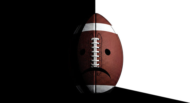 American football in contrasting black and white background with frowning face in dramatic lighting for sports marketing
