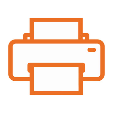 Orange vector graphic of a simple printer with paper ejecting from the output tray