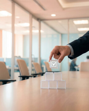 Hand places the final checked wooden block in pyramid in front of business meeting. teamwork, project completion, strategic planning, quality control, leadership and organizational accountability.