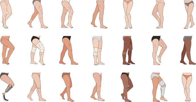 Human Legs Poses Collection Featuring Diverse Skin Tones Walking Standing and Bent Positions Anatomy Reference Set for Character Design and Illustration