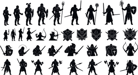 Fototapeta premium Fantasy warrior silhouettes collection with knights archers shields swords and medieval character poses black vector illustration set