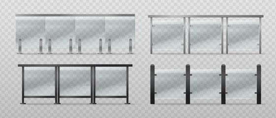 Fototapeta premium Modern glass balcony railing with black and silver metal frame and transparent panels, realistic 3D vector illustrations isolated on background. Balustrade for terrace, office building or pool barrier